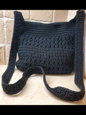 Lina Black Crochet Crossbody Bag W 10.5", H 9", D 3", BAG DROP 26"